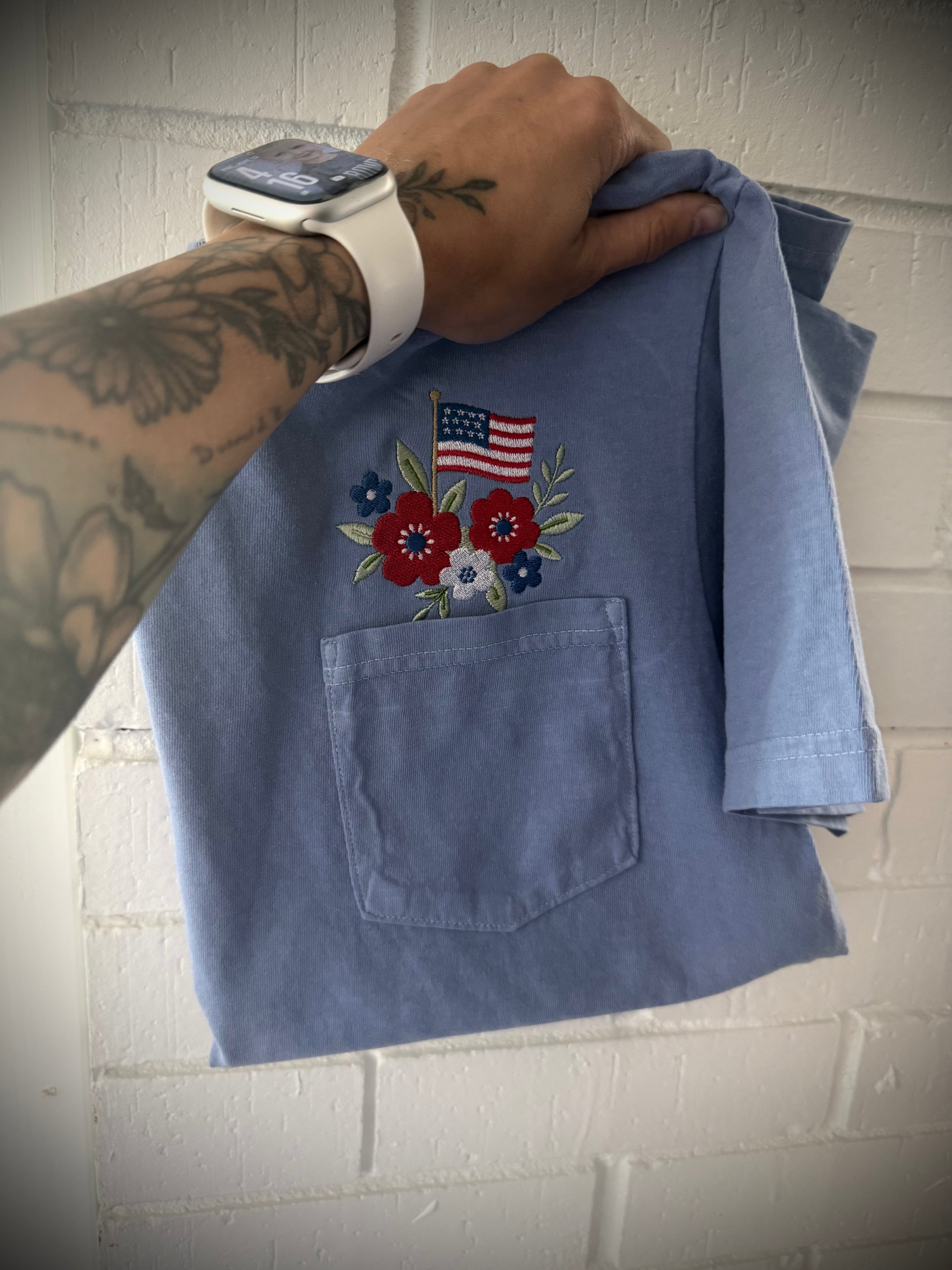 Red White & Blue Embroidered Pocket Tee